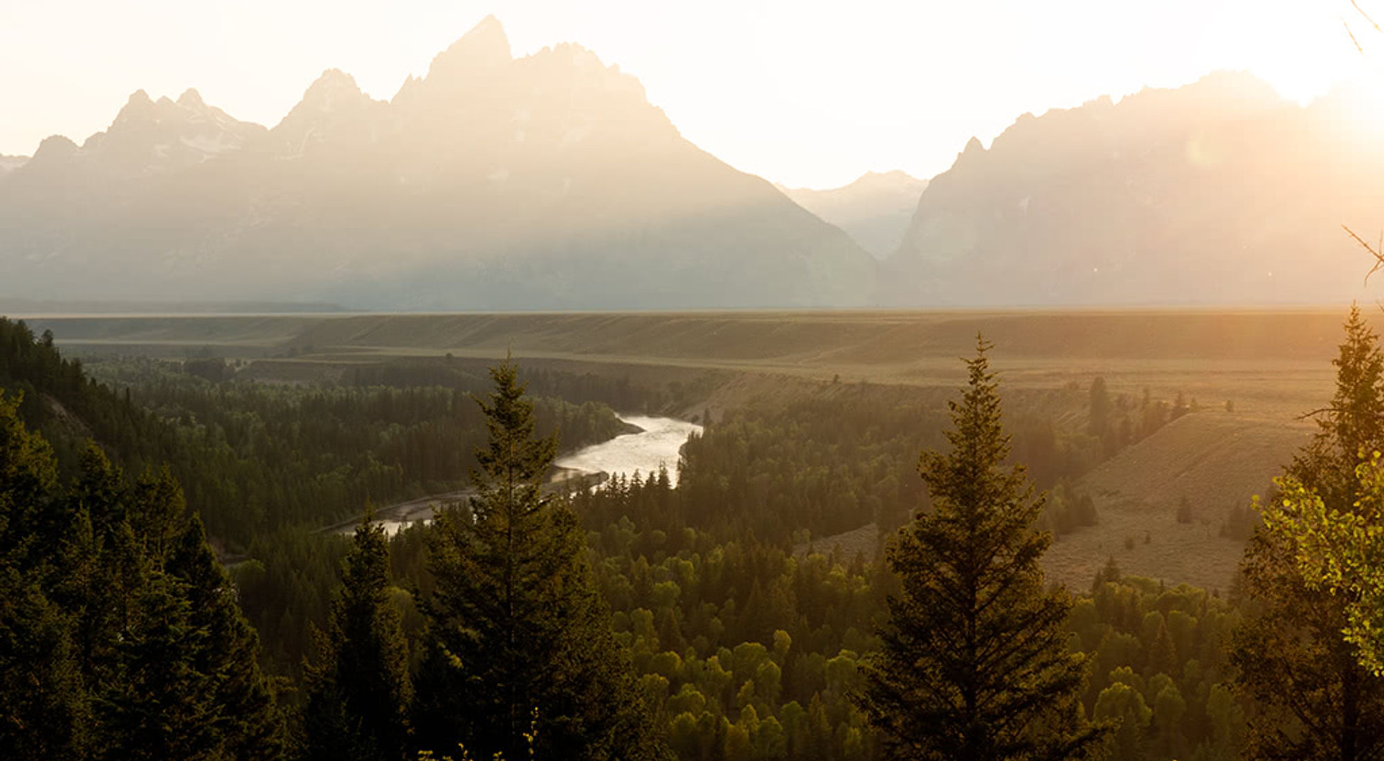 Sunrise over a forested Wyoming river valley with mountains in the distance